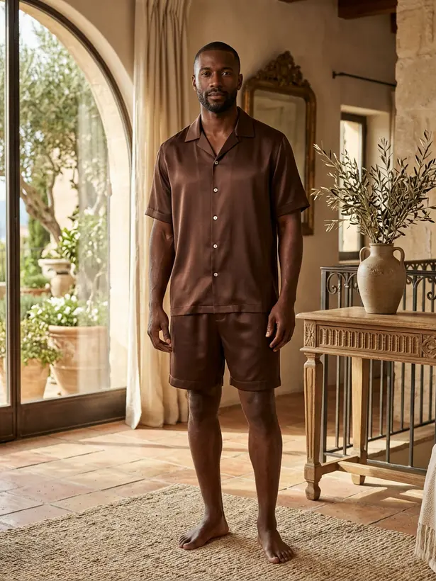 Pijama Camisa Seda Marrom, pijama masculino de seda Elcejama