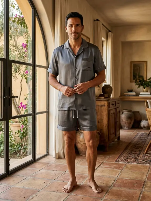 Pijama Camisa Seda Grafite, pijama masculino de seda Elcejama