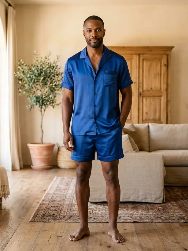 Pijama Camisa Seda Azul Royal, pijama masculino de seda Elcejama