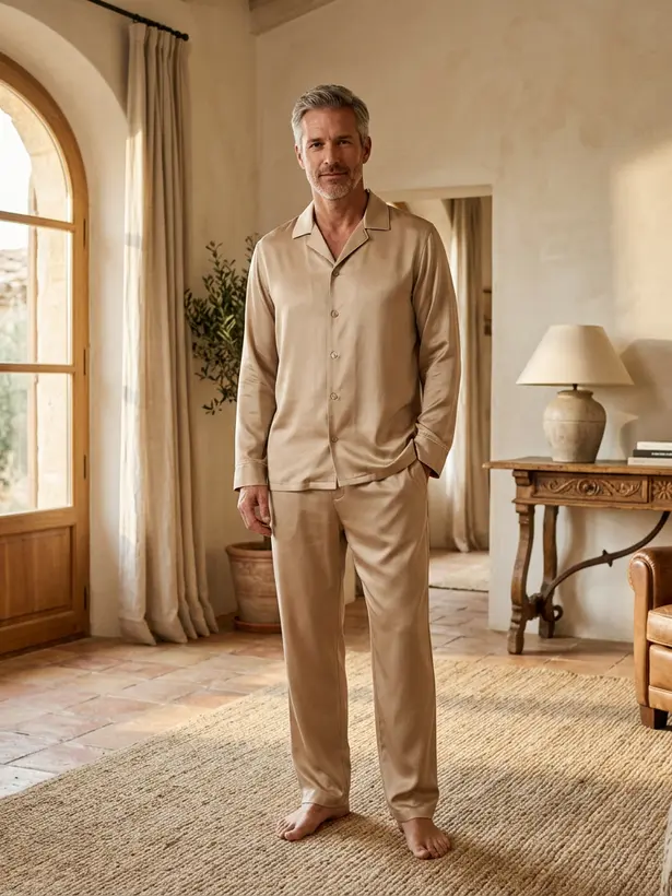 Conjunto Seda Champanhe, pijama masculino de seda Elcejama