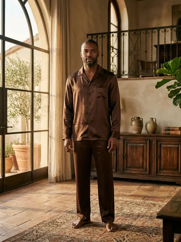 Conjunto Seda Marrom, pijama masculino de seda Elcejama