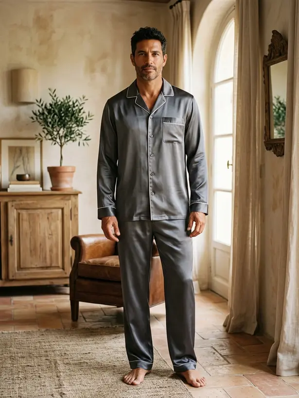 Conjunto Seda Grafite, pijama masculino de seda Elcejama