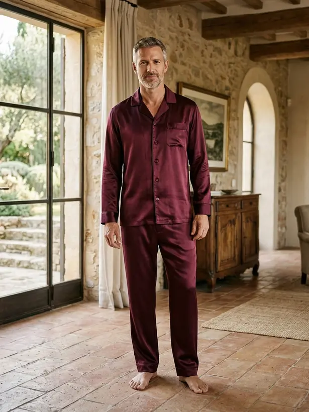 Conjunto Seda Vinho, pijama masculino de seda Elcejama