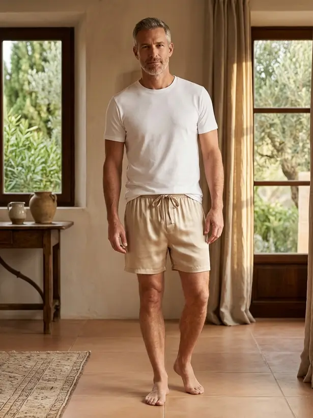 Short Pijama Seda Champanhe, pijama masculino de seda Elcejama