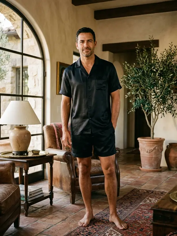 Pijama Camisa Seda Preto, pijama masculino de seda Elcejama