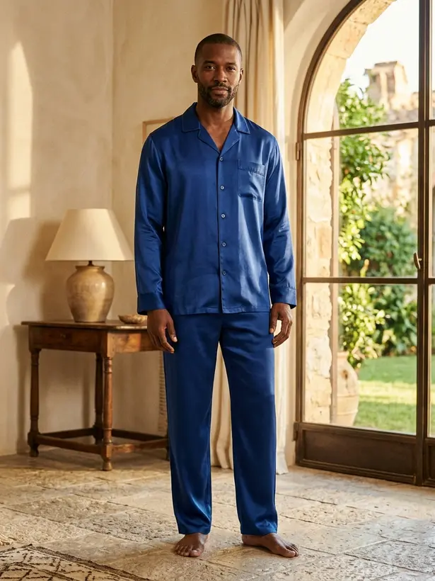 Conjunto Seda Azul Royal, pijama masculino de seda Elcejama